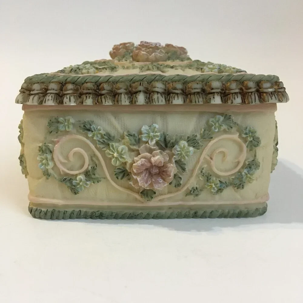 Floral Trinket Jewelry Box Holder Hand Painted Resin Flowers Vines Leaf Vintage